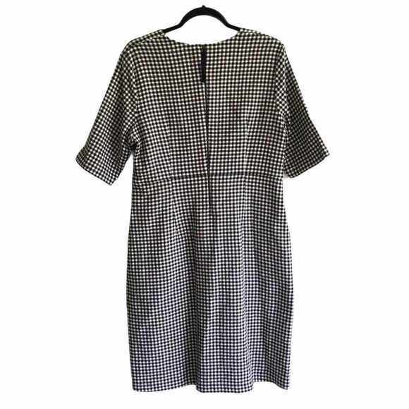 LUISA CERANO Checked Fitted Gingham Dress V-Neck Knee Length Black White 14 - Picture 8 of 13